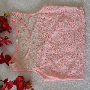 Sexy Betty Boop Style Crop Tank Top Pink Coral Eyelet Lace Sheer Upper Maitai Sm
